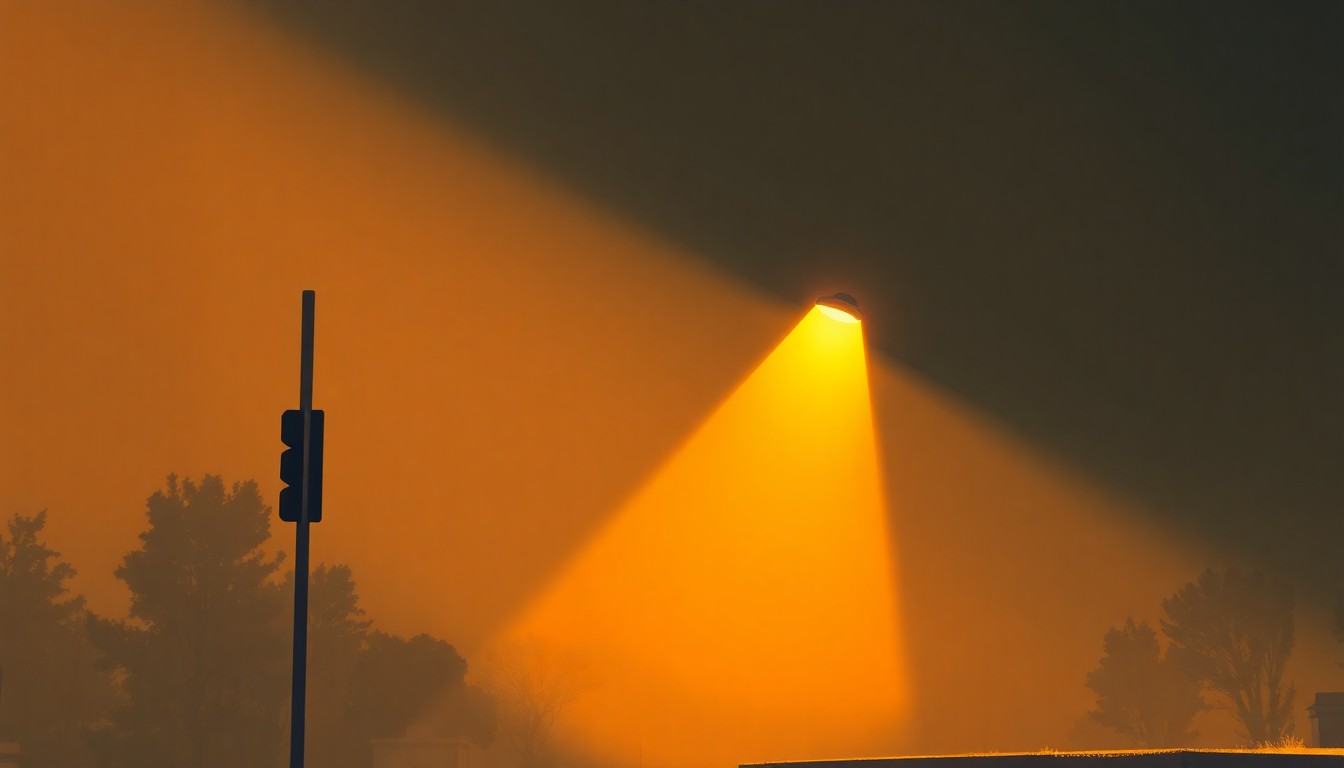 A serene, painterly image of a single city street lamp post standing tall against a backdrop of warm, golden light and deep shadows, conveying a sense of quiet contemplation and the potential for transformation in Aurora's urban landscape.