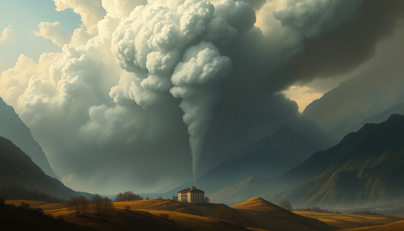 A sweeping, atmospheric landscape painting in muted tones, with a small apartment building in the distance partially obscured by a towering plume of smoke, conveying the overwhelming scale and power of the natural world.