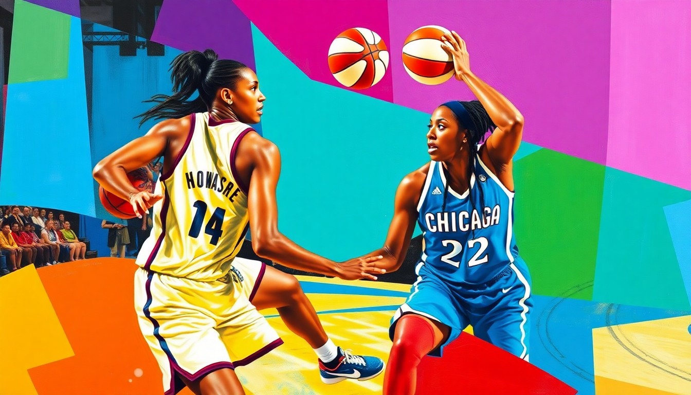 A fractured, cubist-style painting depicting the dynamic basketball action between Rhyne Howard and Angel Reese, with the players' forms broken down into sharp, overlapping geometric shapes and planes of bright, contrasting colors.