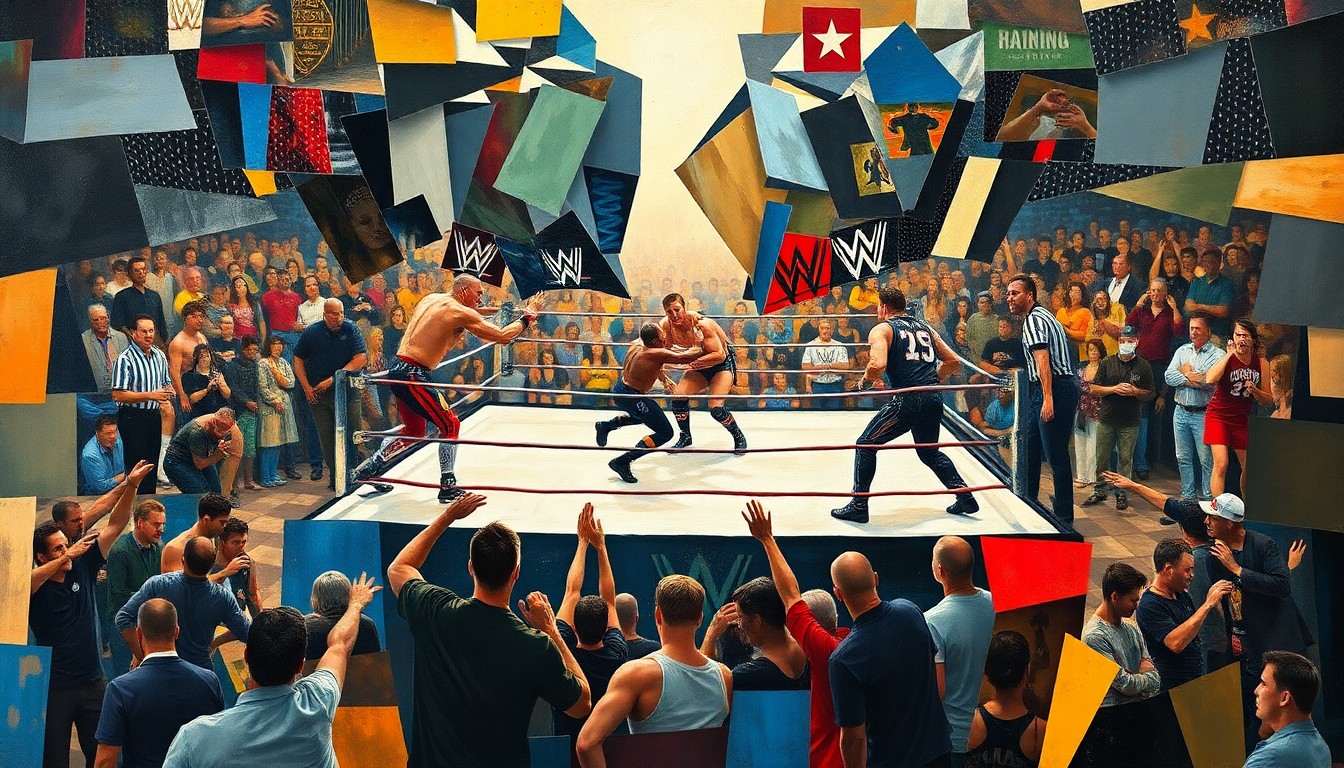 A cubist-style painting depicting a WWE wrestling match, with the wrestlers' bodies and the ring itself broken down into sharp, overlapping geometric shapes and planes of color, conveying the dynamic action and intensity of the event.