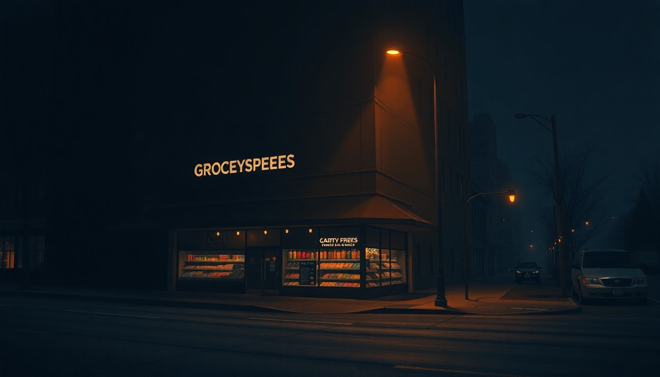 A dimly lit, cinematic painting of an empty city street corner at night, with a lone grocery store facade bathed in warm, diagonal streetlights and deep shadows, conveying a sense of urban melancholy and the challenges of providing affordable food access.