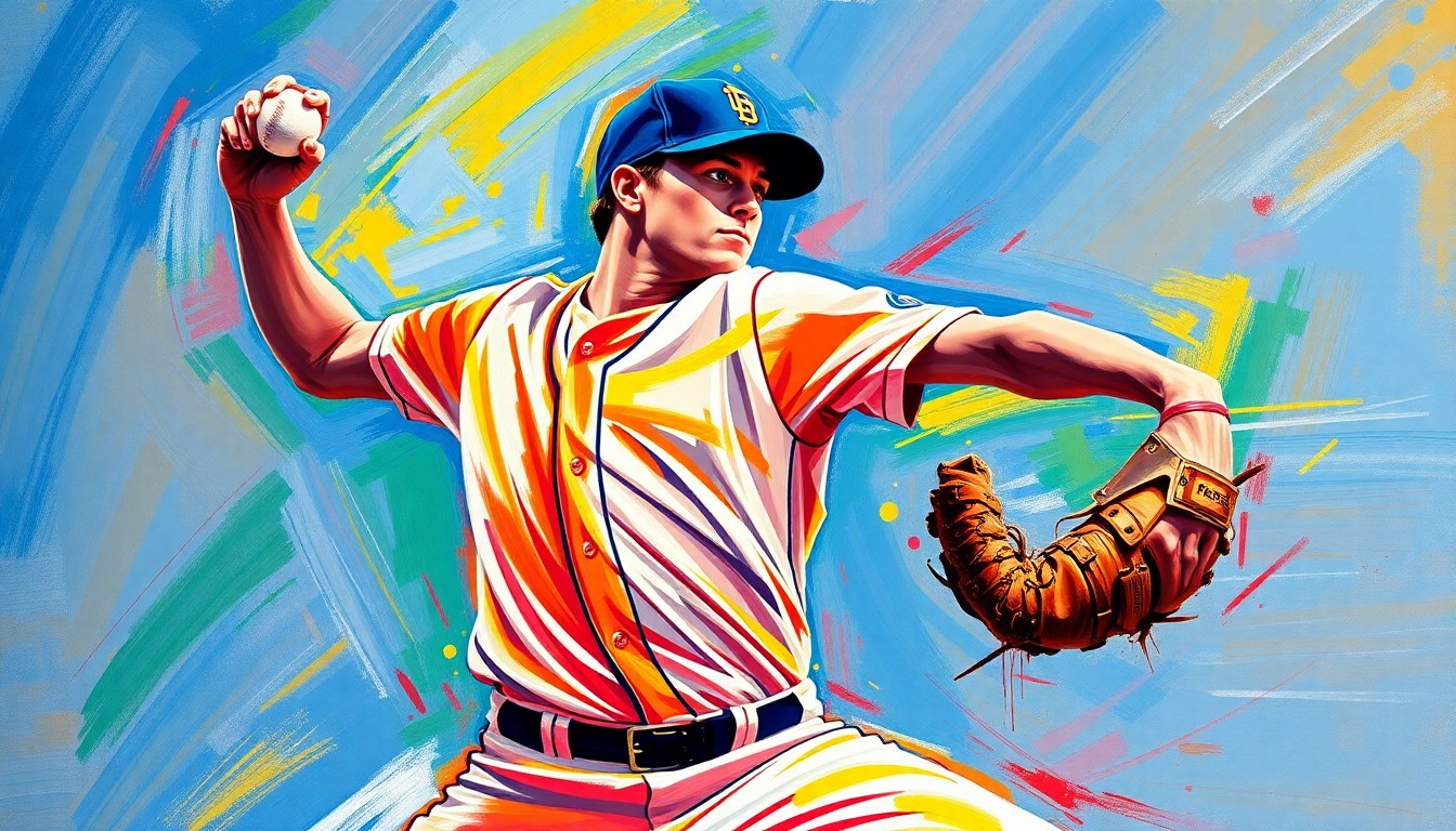 An abstract painting in vibrant neon colors, with rapid, energetic brushstrokes depicting the intense motion and power of a baseball pitcher in mid-delivery, conceptually representing the dominant performance of Orioles pitcher Chris Bassitt.