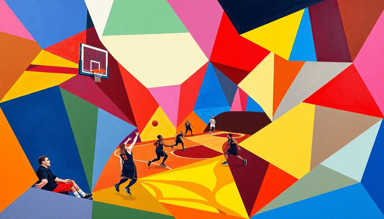 A cubist-style painting featuring fragmented geometric shapes and planes of bright blue, red, and yellow, conceptually representing the dynamic action and competitive energy of a WNBA basketball game.