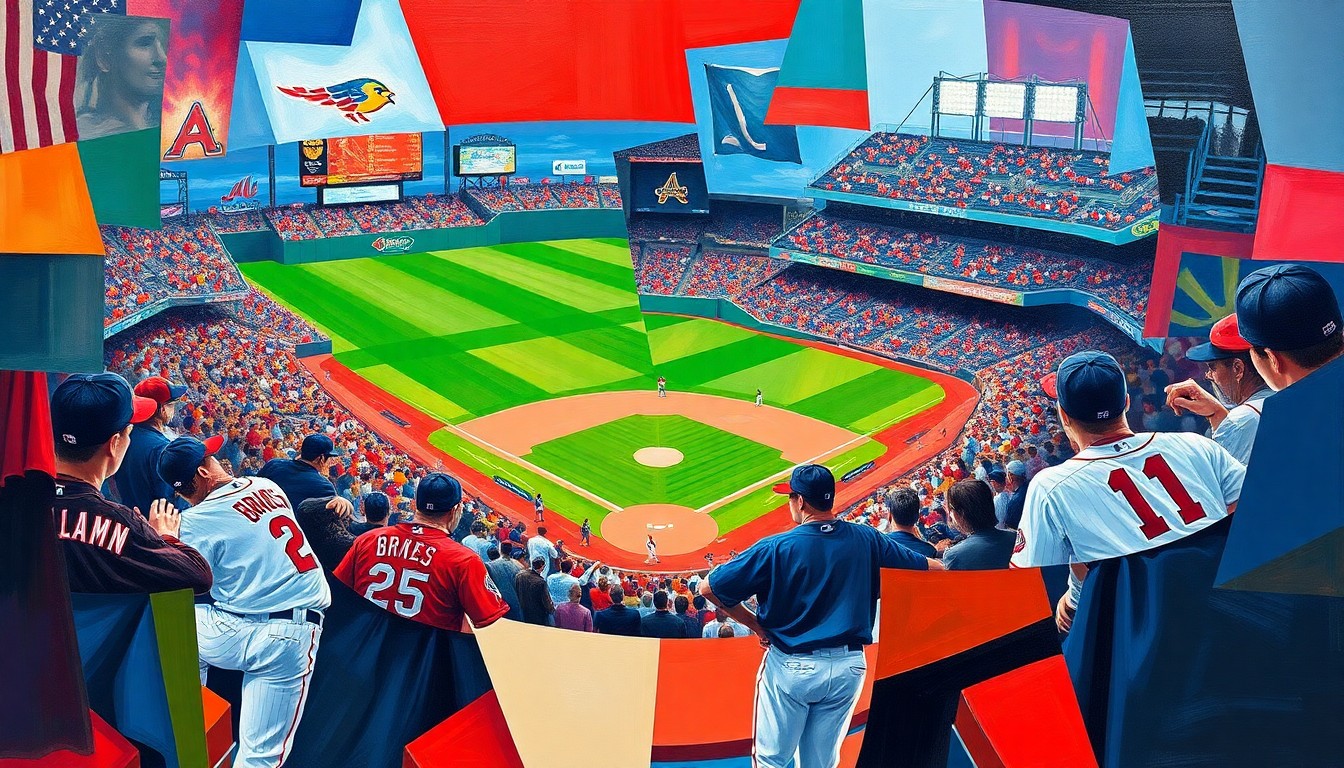 A fragmented, geometric painting depicting an Atlanta Braves baseball game, with the players and field broken down into overlapping planes of navy blue, red, and white, capturing the team's multifaceted strengths to start the season.