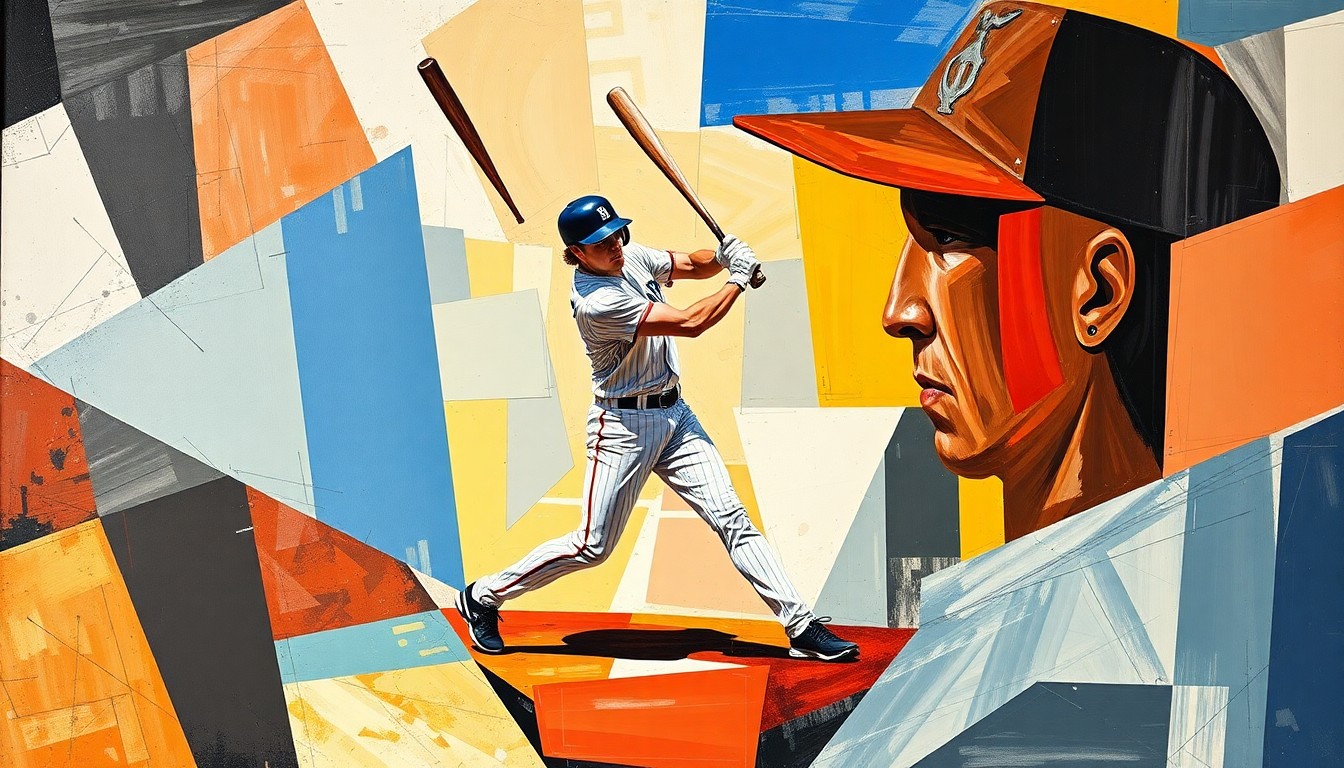 A fragmented, geometric painting depicting the various elements of Austin Riley's performance, including his powerful swings, defensive plays, and overall impact on the game.