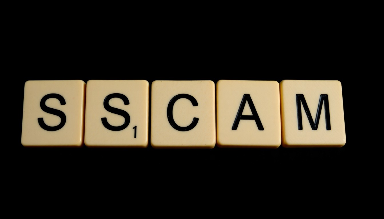 An extreme close-up photograph of a stack of scrabble tiles spelling out the word 'SCAM' against a pitch-black background, lit by a harsh, direct camera flash, creating a stark, gritty, and investigative aesthetic.