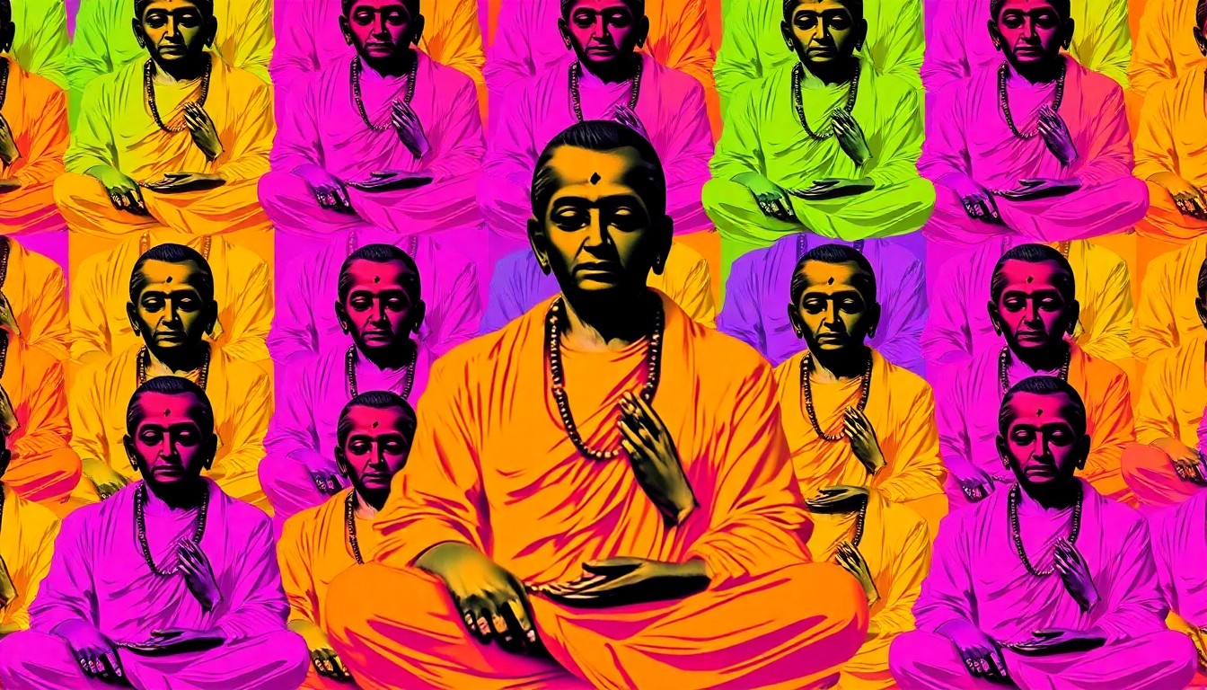 A brightly colored, abstract silkscreen print depicting a life-size bronze statue of a man in a meditative pose, repeated in a grid pattern to create a vibrant, pop art-inspired conceptual illustration.