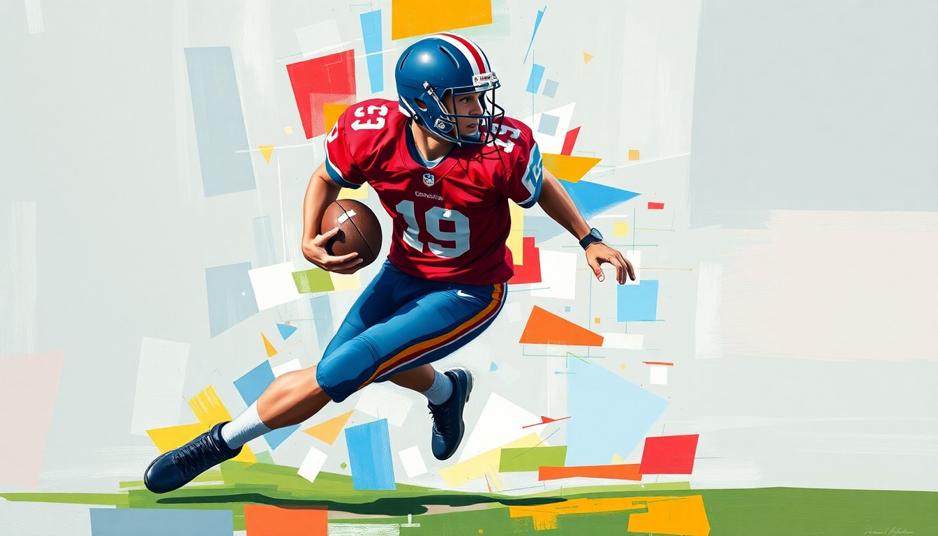 A cubist, geometric painting depicting a high school football player in motion, with sharp, overlapping planes of color and form representing the dynamic energy of the sport.