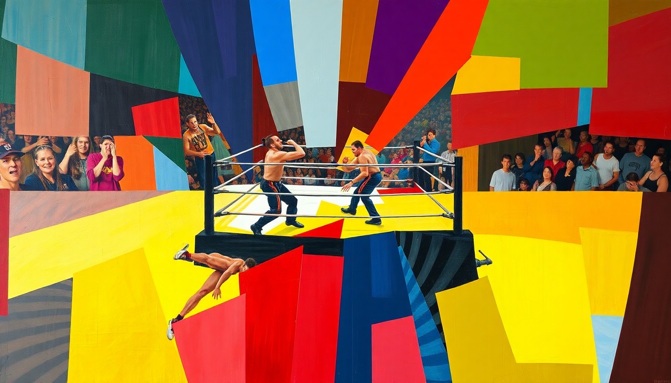 A fractured, geometric painting in bright primary colors depicting the dynamic movements and action of a professional wrestling match or competition.