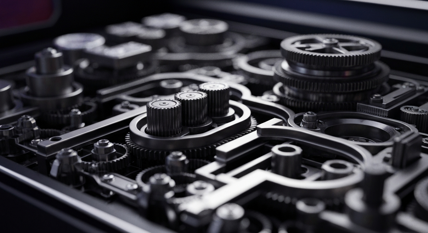 An extreme close-up of the inner workings of a casino slot machine, with a maze of metallic gears, circuits, and sensors, conveying the complex financial infrastructure and institutional power of the gaming industry.