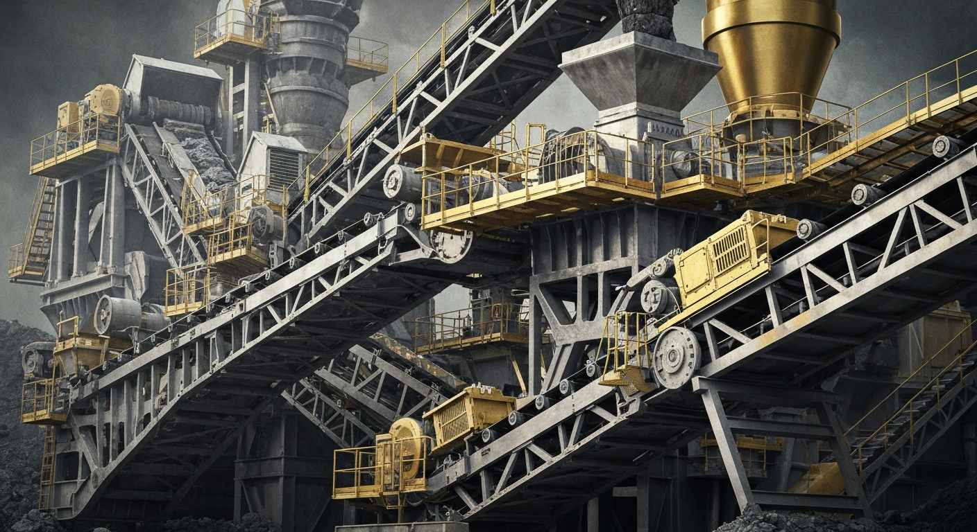 An extreme close-up of heavy, industrial gold mining machinery and equipment, including ore crushers, conveyor belts, and extraction devices, all in shades of metallic grey, bronze, and gold, conveying the scale and physical process of gold production.