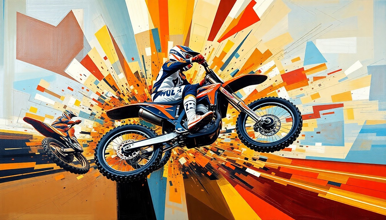 A cubist, geometric painting depicting the fractured, multi-angled motion and impact of Eli Tomac's crash during the Cleveland Triple Crown qualifier, conveying the dramatic setback for the top-ranked rider.