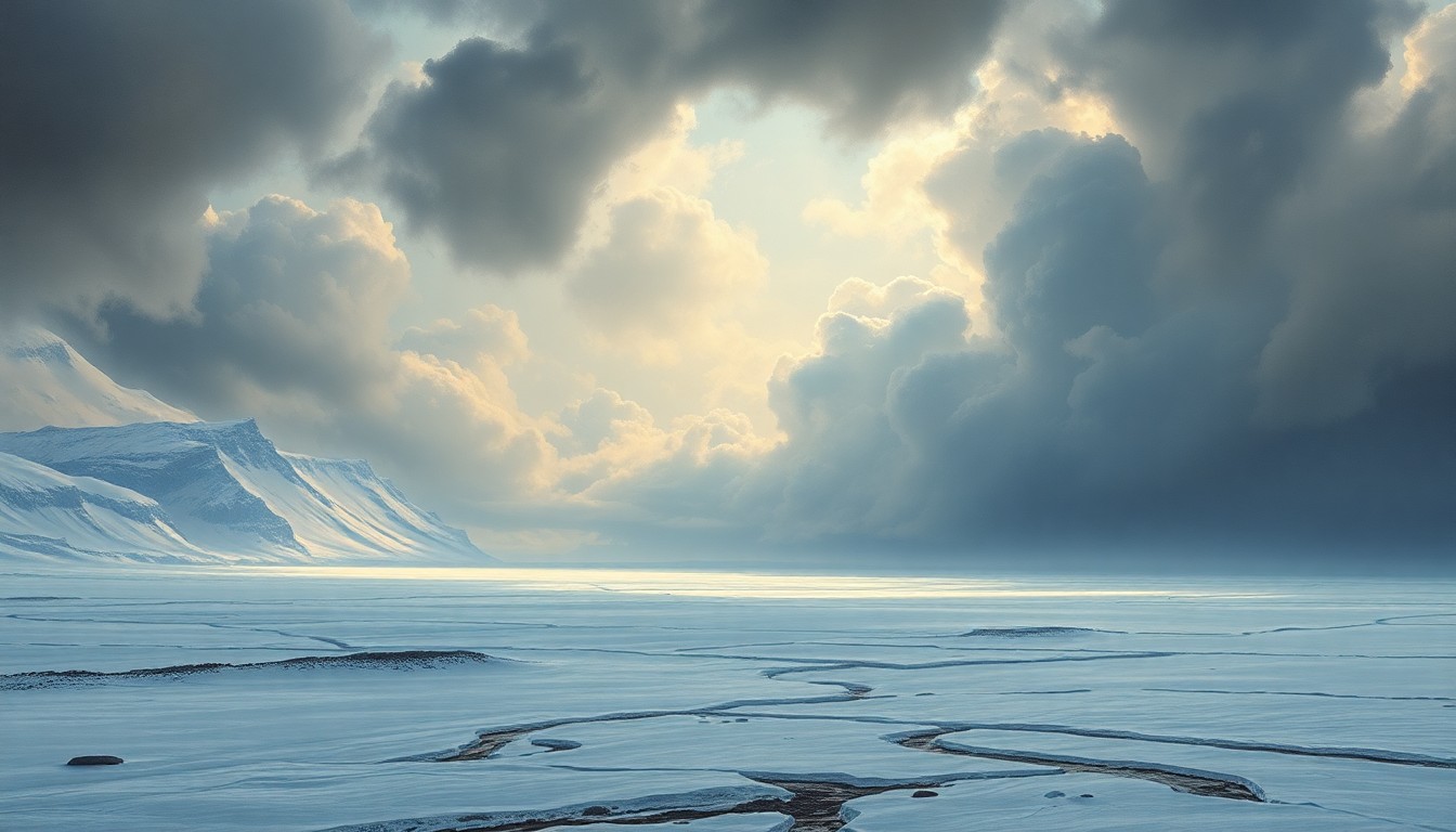 A sweeping, atmospheric landscape painting in muted tones of blue, gray, and white, depicting a vast, frozen expanse of land under a dramatic, turbulent sky. The scene conveys a sense of the overwhelming power and scale of the natural world, with any physical structures or objects barely visible and dwarfed by the elements.