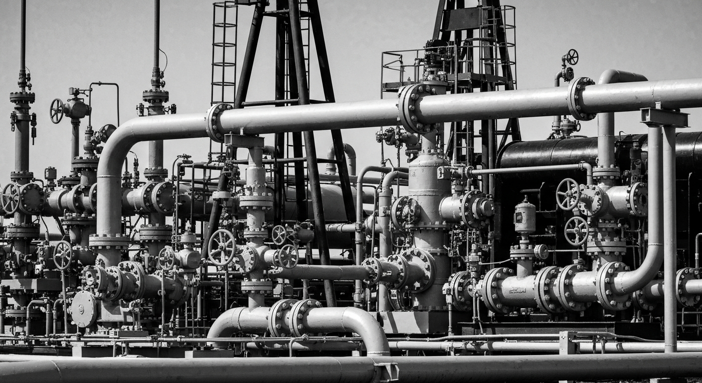 A high-contrast, black-and-white close-up image of industrial natural gas extraction equipment, conveying the scale and technical complexity of the energy infrastructure that enables natural gas production.