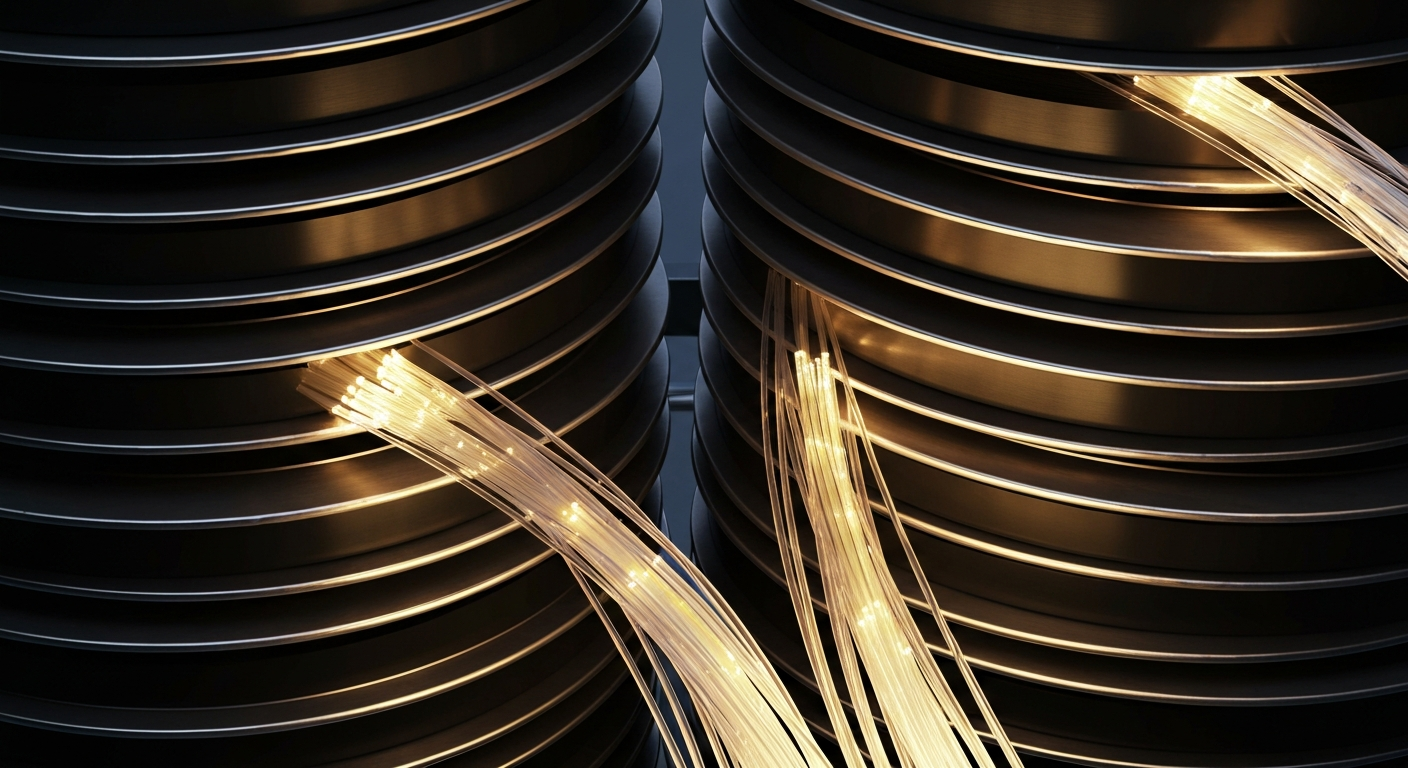 An extreme close-up of intricately woven, glowing fiber-optic cables and stacked reels of film tape, representing the complex technical infrastructure that powers modern streaming platforms.