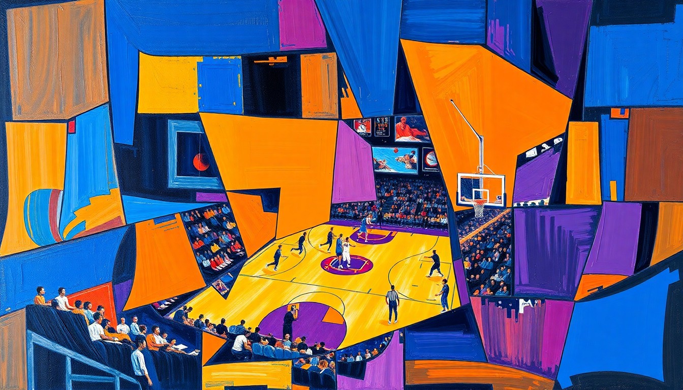 A cubist-style painting featuring sharp, overlapping geometric shapes in vibrant blue, orange, and purple hues, conceptually representing the dynamic energy of a college basketball player joining a new team.