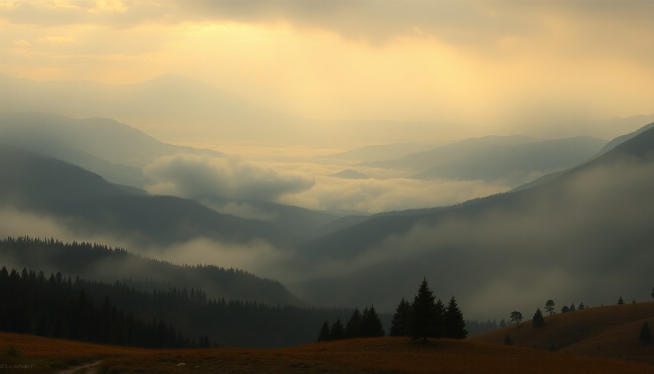 A sweeping, atmospheric landscape painting in muted tones of gray, blue, and green, with a distant plume of smoke rising from the horizon, conveying the overwhelming scale and power of nature.