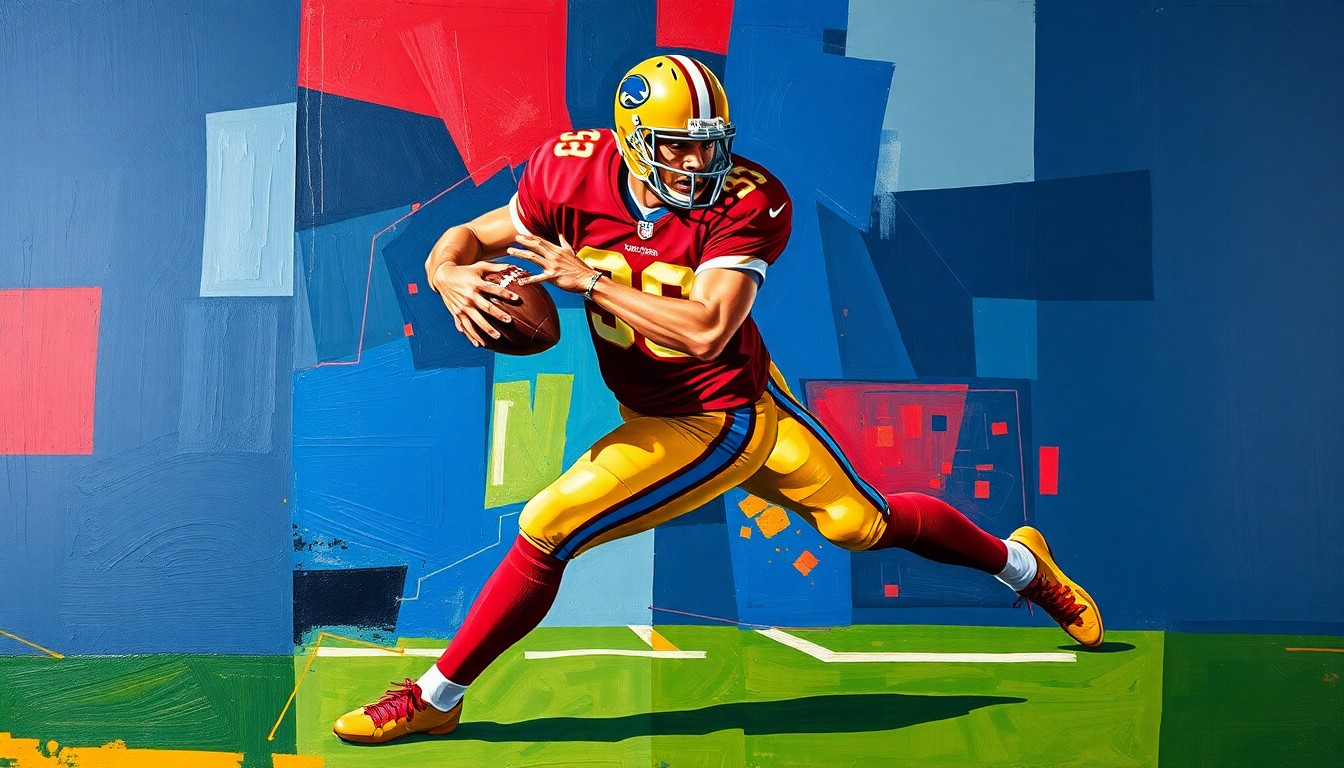 A cubist-style painting depicting a football player in the midst of a pass rush, with his body broken down into sharp, overlapping geometric shapes in navy blue, red, and gold tones, conveying the explosive energy and intensity of the defensive position.