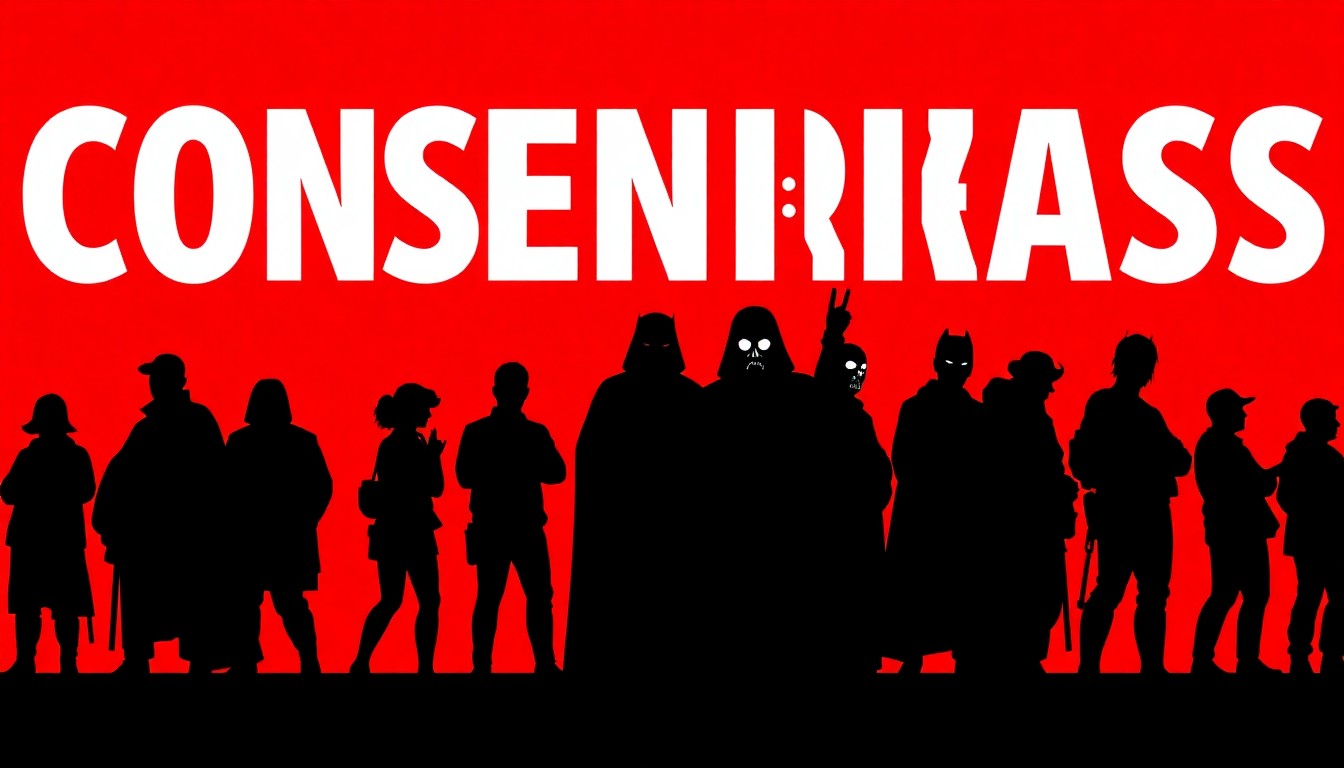 A minimalist, graphic poster design featuring black silhouettes of costumed convention attendees against a bold red background, conceptually representing the energy and diversity of activities at Ratha Con 2026.