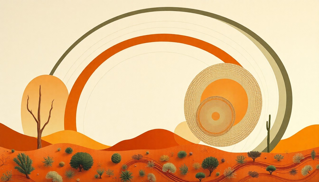 A highly structured abstract painting in earthy tones, featuring sweeping geometric arcs, concentric circles, and precise botanical spirals, conceptually representing the diverse ecosystem of the Sonoran Desert.