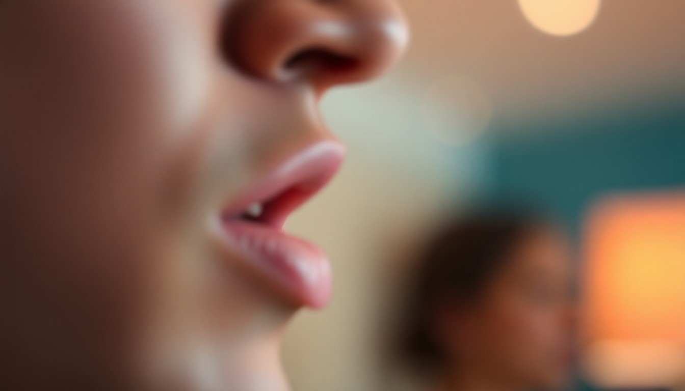 An extremely abstracted, out-of-focus photograph of a person's mouth speaking, composed entirely of soft, warm pools of color and light, conceptually representing the challenges of mastering a new regional dialect.