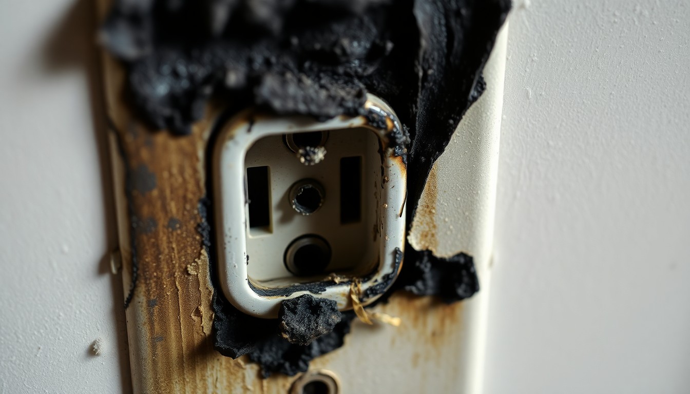 An extreme close-up photograph of a charred and melted electrical outlet, conveying the destruction and chaos left in the wake of a devastating apartment fire.