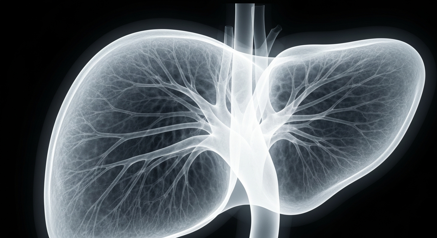 An ethereal, ghostly X-ray image revealing the delicate internal structure of a human liver, conceptually representing the experimental therapy's goal of inducing immune tolerance to transplanted organs.