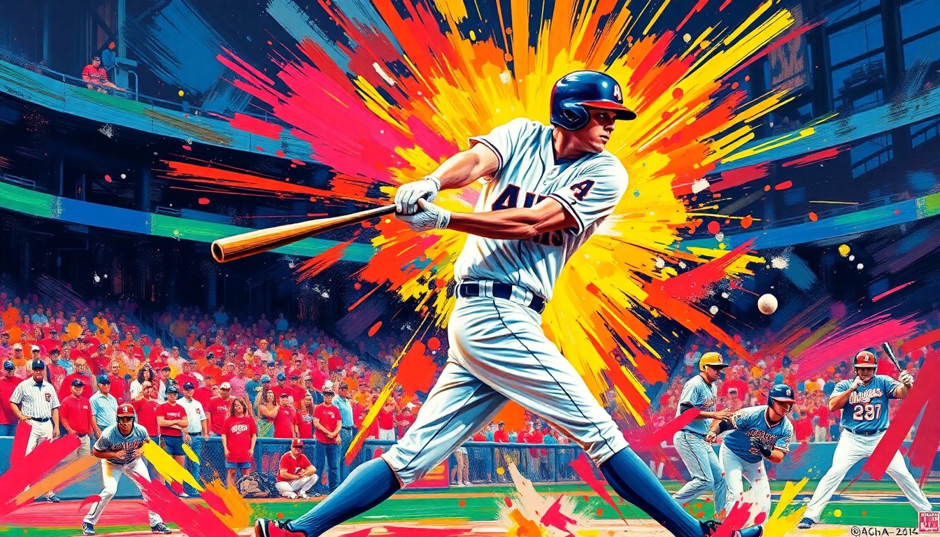 A dynamic, colorful painting with rapid brushstrokes and neon hues depicting the powerful swing and follow-through of a college baseball player hitting a towering home run.