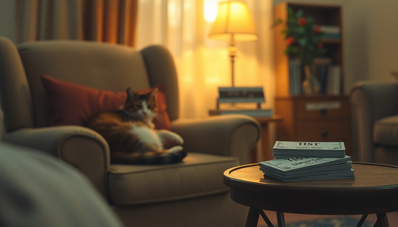 A blurred, impressionistic photograph of a cozy living room with a cat on a chair and movie tickets on a side table, conveying a sense of warmth and nostalgia.