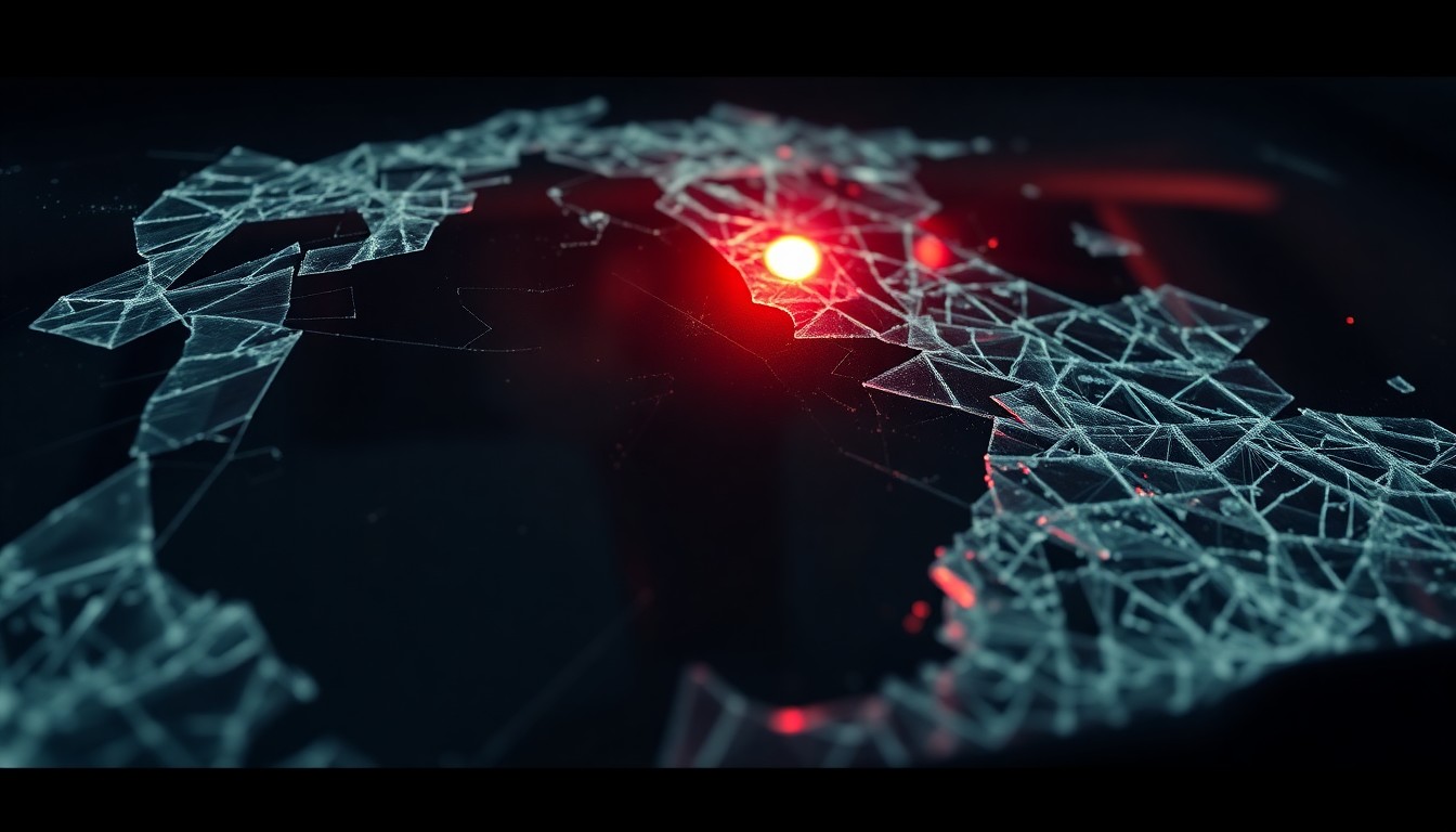 An extreme close-up photograph of a shattered car windshield reflecting a faint red light, conceptually illustrating the aftermath of a violent crime.