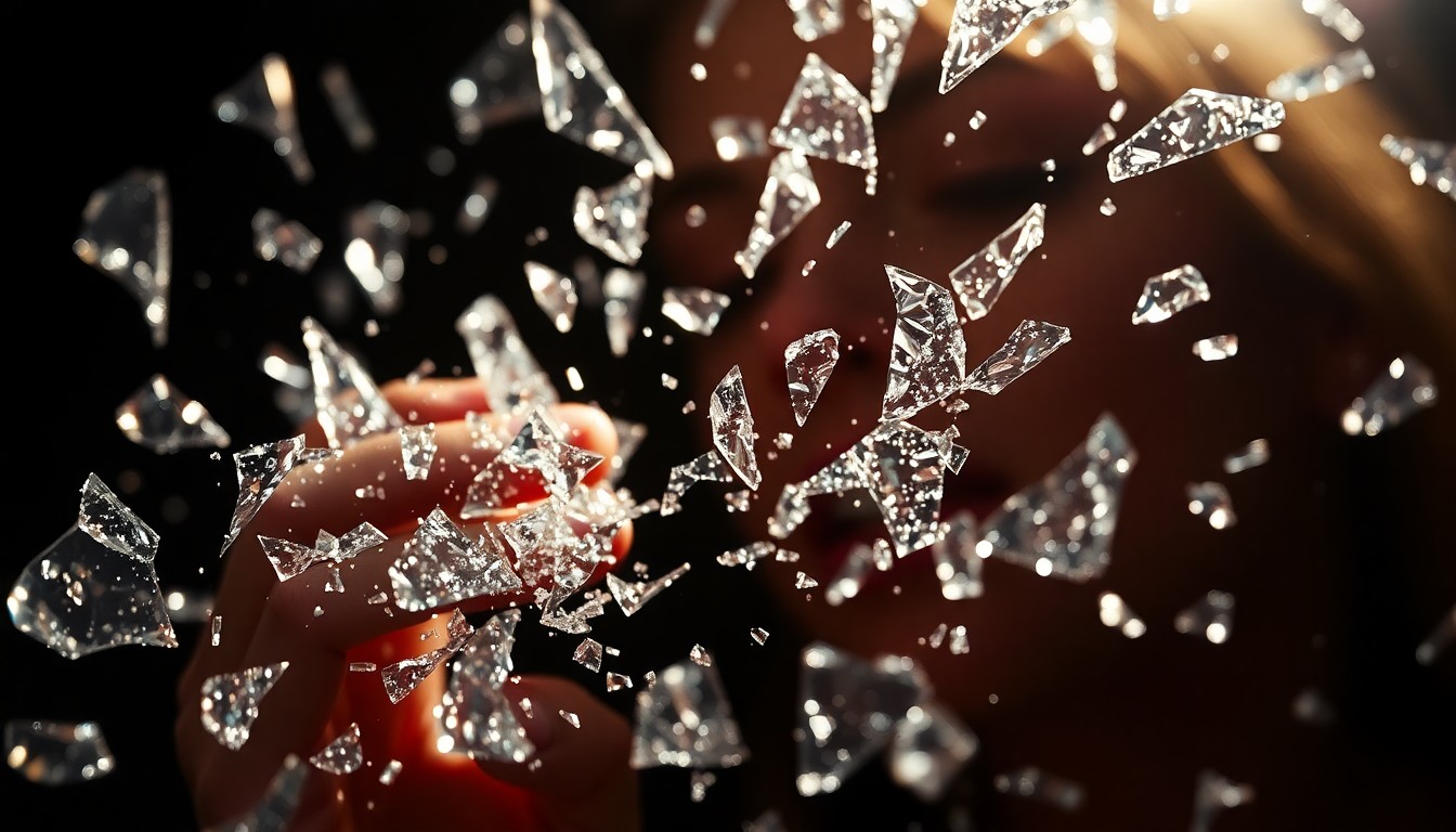 An extreme close-up of shattered glass fragments reflecting dramatic, high-contrast studio lighting, conceptually representing the scandalous nature of a reality TV romance.