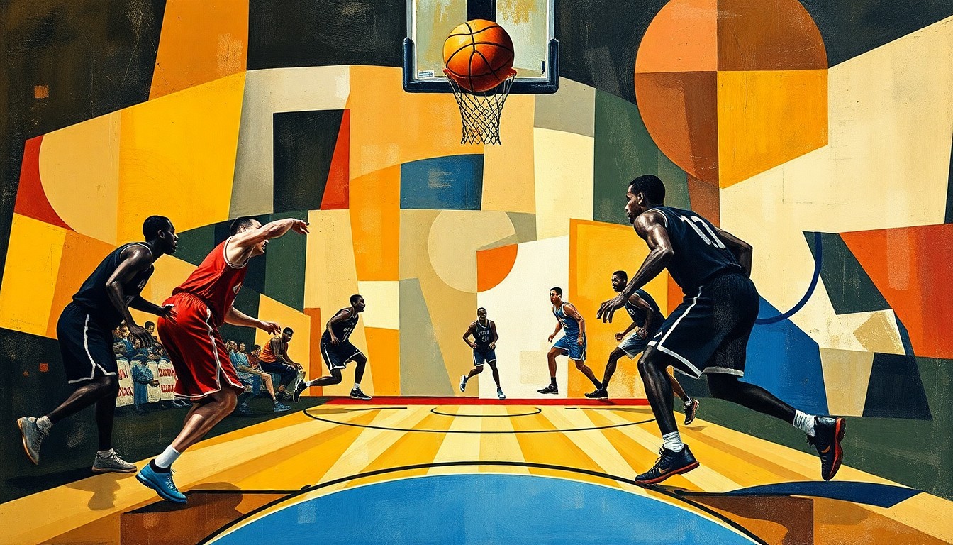 A fragmented, geometric painting in the style of Pablo Picasso, depicting the overlapping forms and planes of basketball players in motion, with the ball and court lines cutting through the abstract composition.