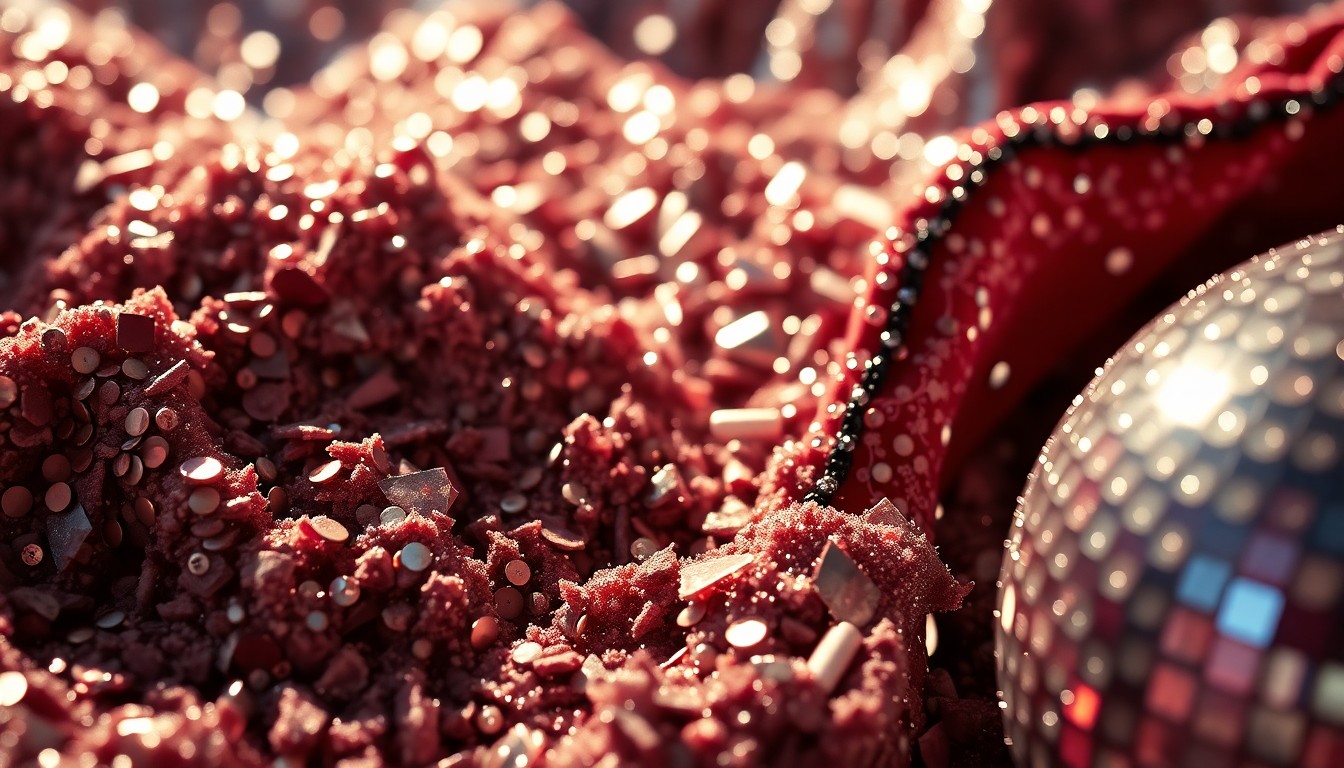 An extreme close-up photograph of shimmering, glittering rock band merchandise textures like sequins, crushed velvet, and shattered disco glass, capturing the glamour and energy of a music festival at sea.