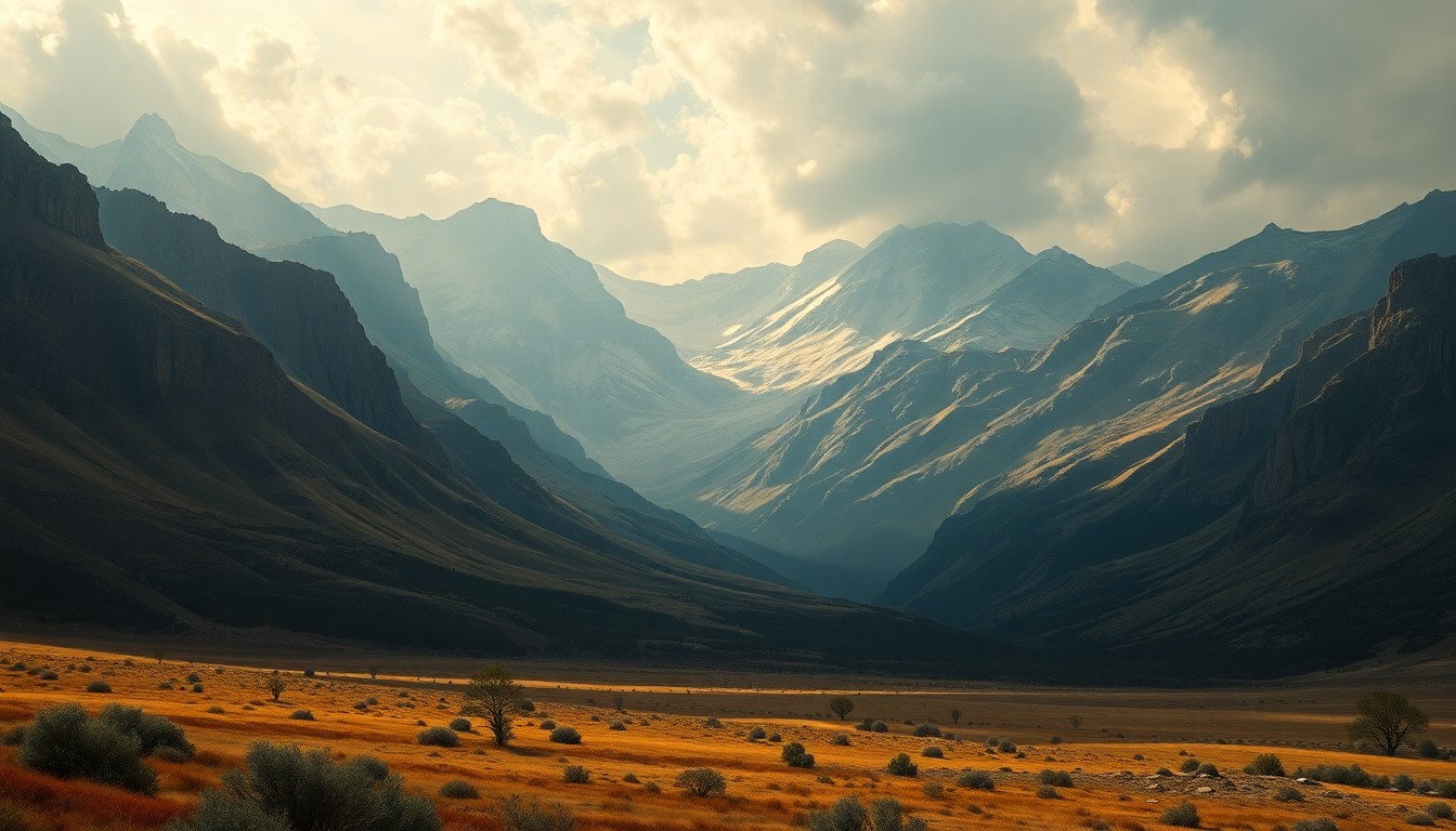 A vast, majestic landscape painting in muted tones of gray, blue, and green, with the dramatic silhouette of the Rockies dominating the frame and a sense of foreboding in the heavy, windswept clouds above.