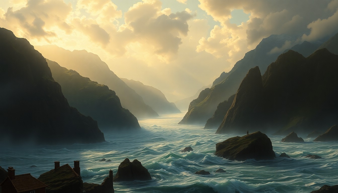 A vast, atmospheric landscape painting depicting a flooded river valley, with the surrounding hills and sky dominating the scene and any visible buildings or infrastructure rendered small and insignificant against the power of the rising waters.