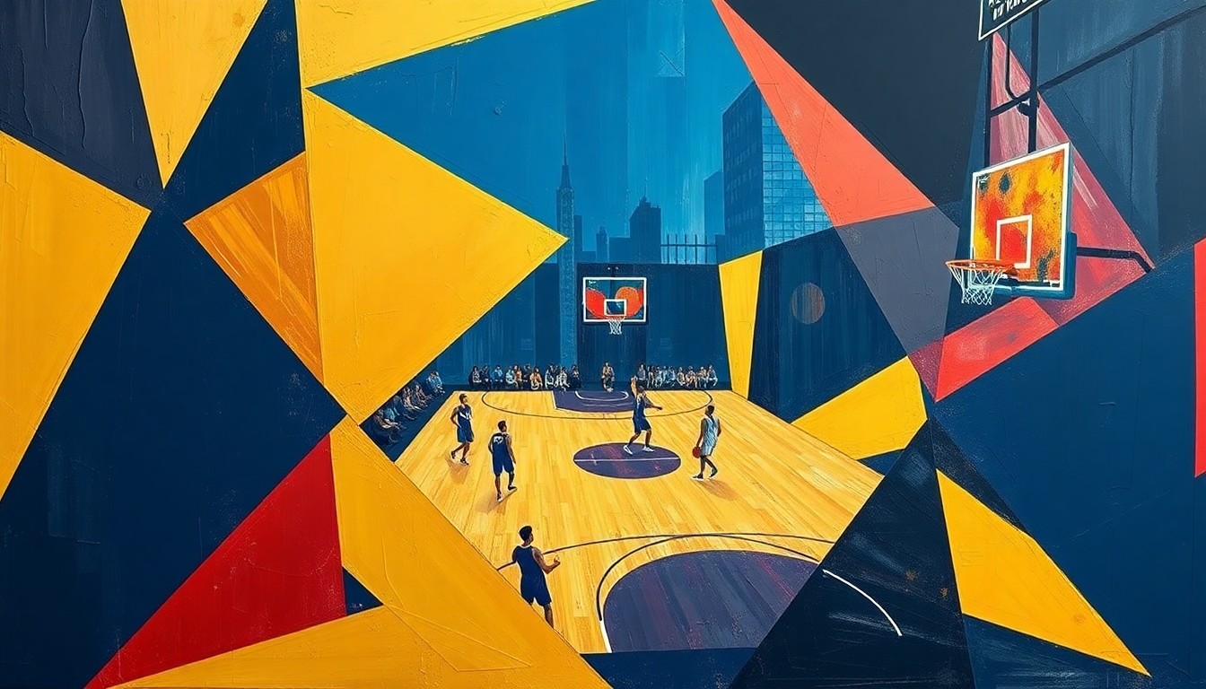 A fragmented, geometric painting depicting a basketball game from multiple angles, with sharp planes of navy, gold, and crimson colors creating a sense of motion and intensity.