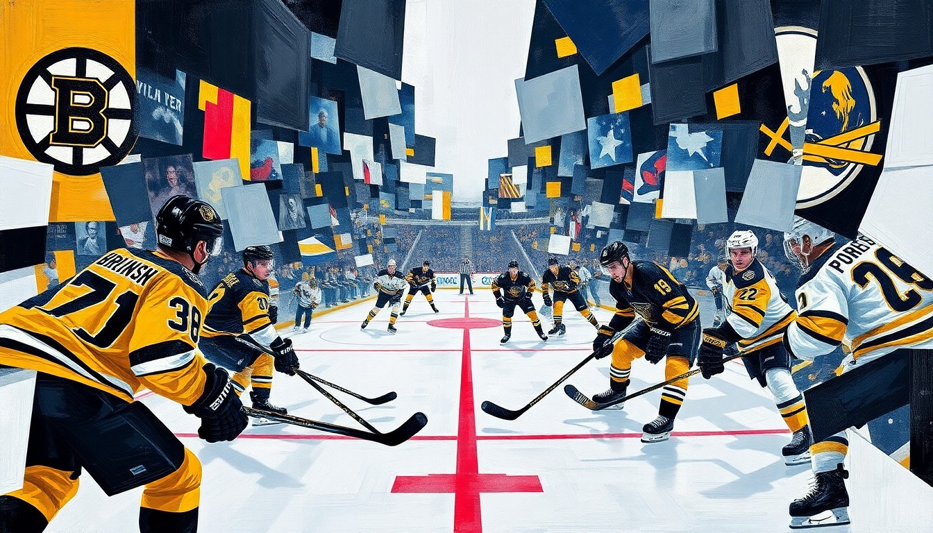 A cubist, geometric painting depicting a hockey game, with sharp, overlapping planes of color representing the players and action on the ice.