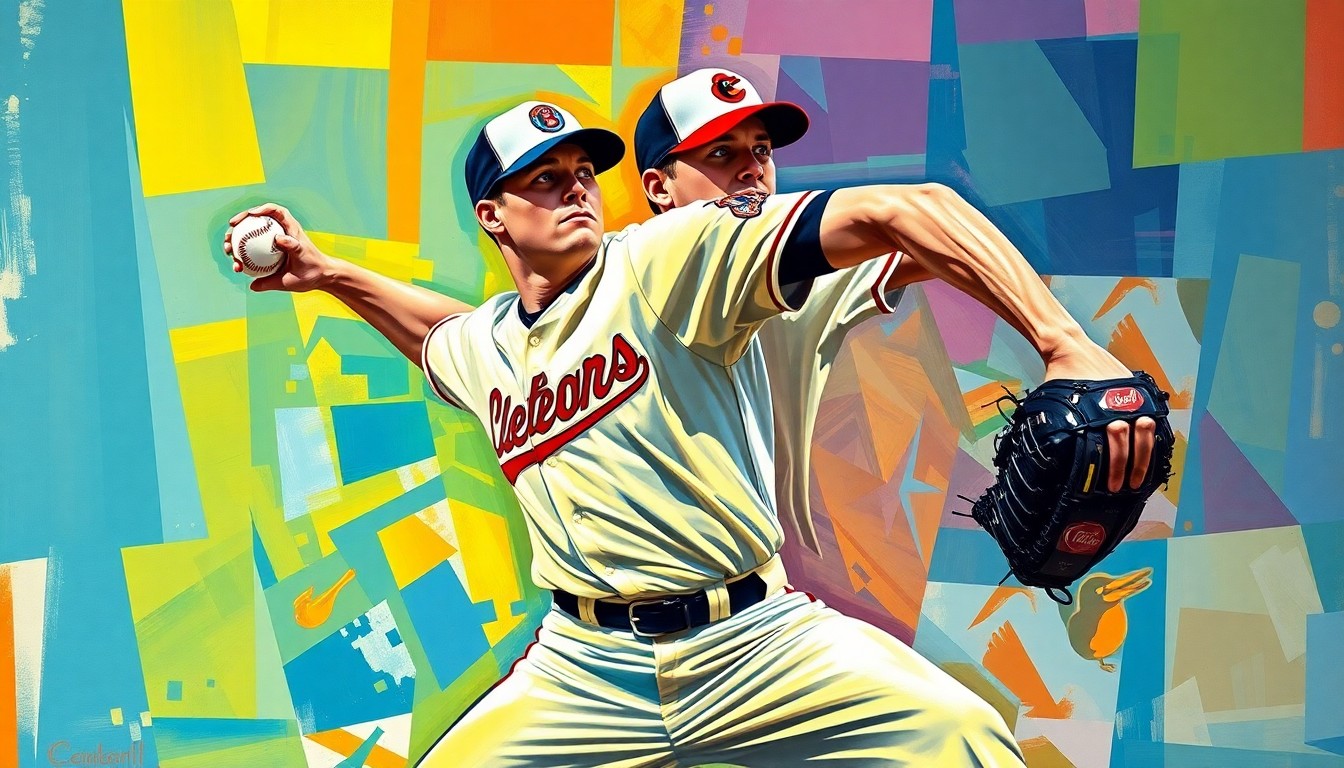 A fragmented, geometric painting depicting a baseball pitcher's throwing motion, with sharp planes of color representing the players' uniforms and the dynamic motion of the game.