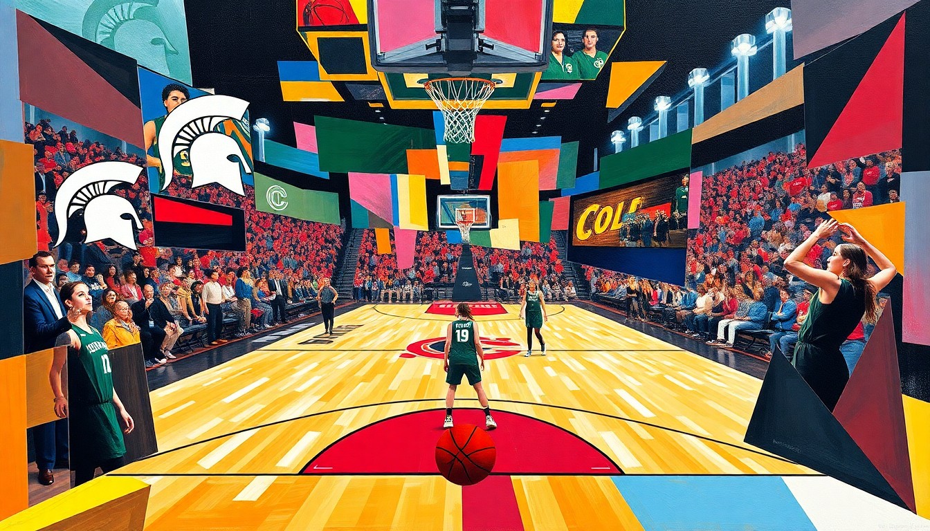 A cubist, geometric painting depicting a women's basketball game, with sharp, overlapping planes of color representing the players and action on the court.
