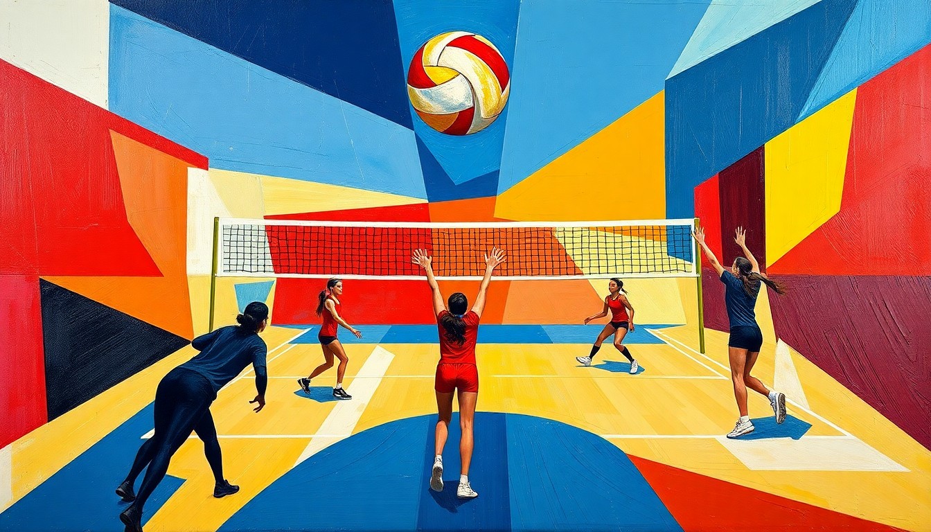 A fractured, multi-perspective painting depicting a women's volleyball game broken down into sharp, overlapping geometric shapes and planes in a vibrant color palette, conceptually representing the sport's strategic depth and athletic intensity.