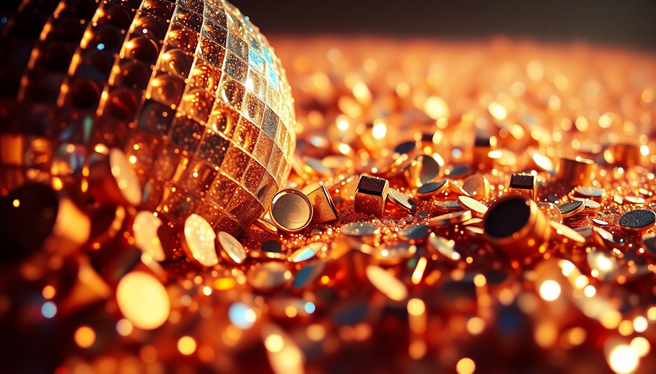 An abstract close-up image of shimmering sequins and glittering disco ball fragments, captured in dramatic high-contrast studio lighting to convey the glamour and energy of a music festival performance.