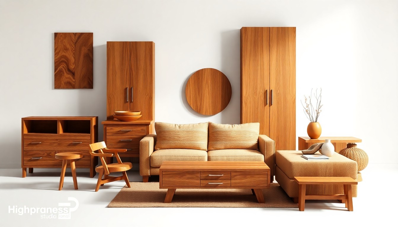 A high-end studio photograph featuring a collection of handcrafted wooden furniture pieces in warm, natural tones arranged elegantly on a clean, white background, highlighting their premium materials and craftsmanship.