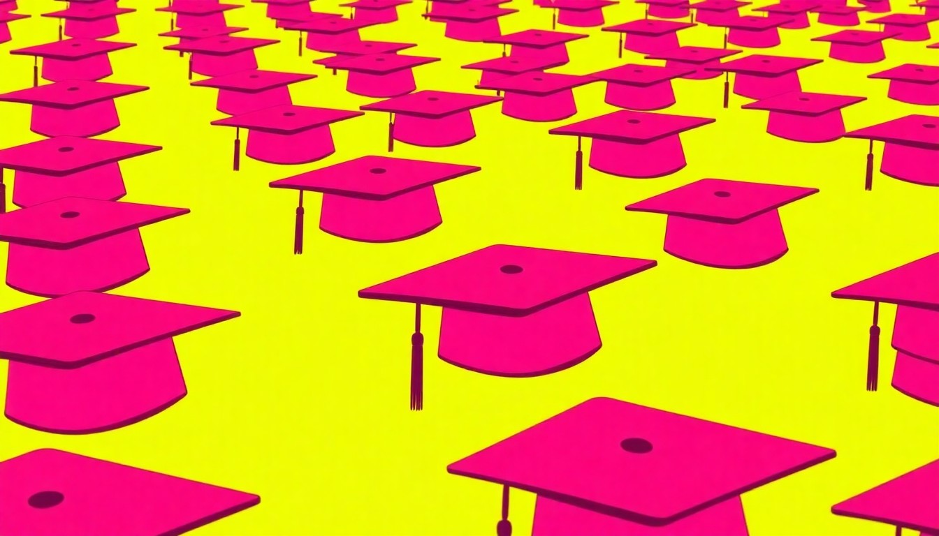 A bold, abstract silkscreen illustration featuring a repeated pattern of a university graduation cap in a grid, rendered in a high-contrast neon color palette with thick black outlines, conceptually representing the celebratory transition to a new university leadership.