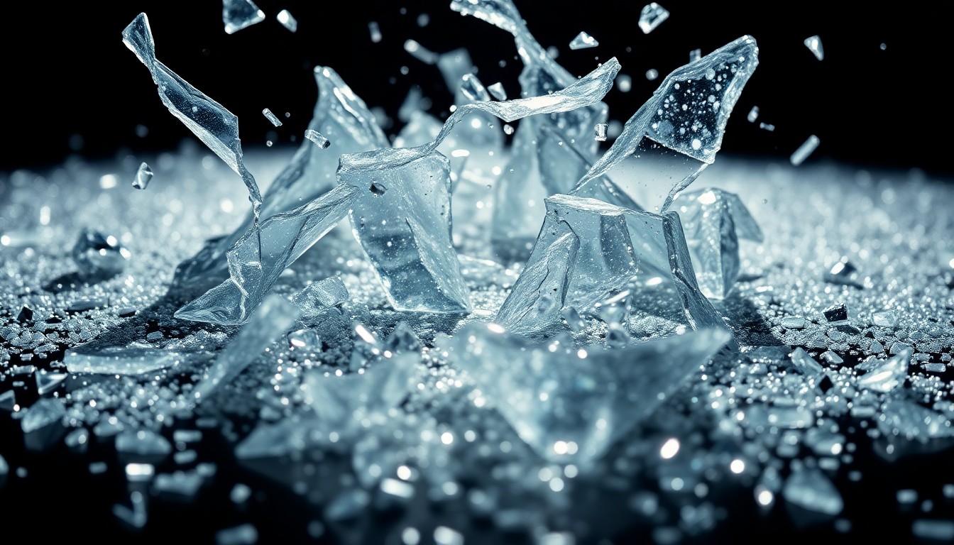 An extreme close-up photograph of shattered glass and glittering sequins, captured in dramatic high-contrast studio lighting to create a conceptual representation of the glamour and tragedy of celebrity culture.