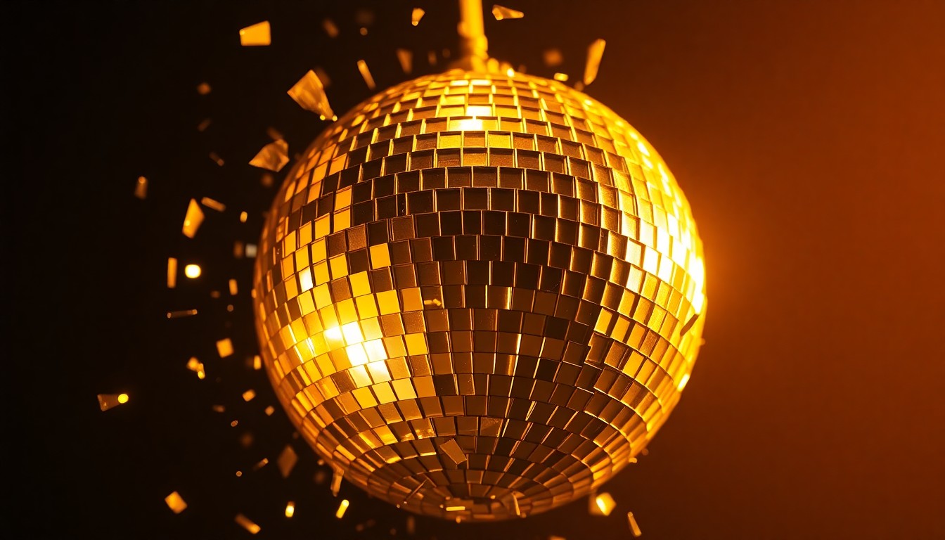 An abstract close-up photograph of shattered glass reflecting warm, golden light, conveying the glamour and sudden loss of a beloved radio personality.