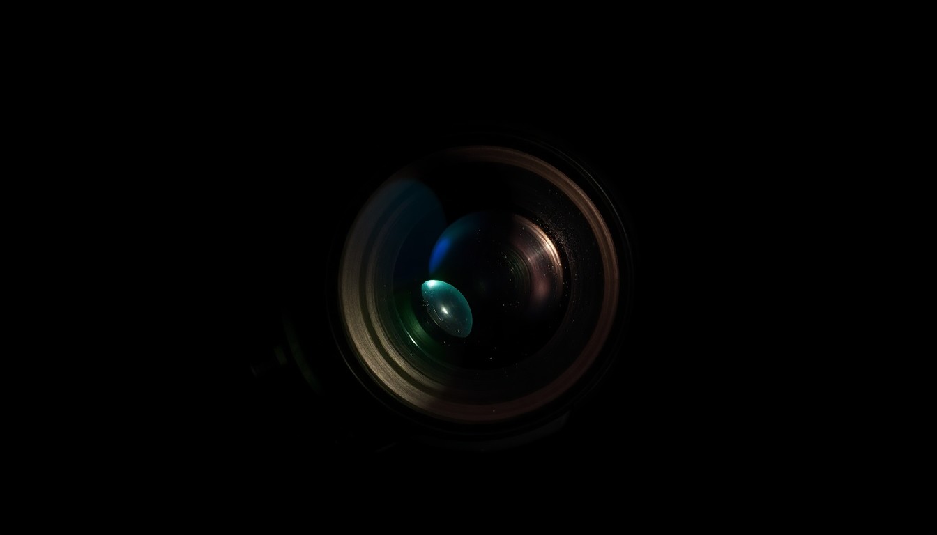 An extreme close-up photograph of a damaged camera lens reflecting a harsh, direct flash of light, conceptually illustrating the impact of the burglaries on Seattle's film production equipment and studios.