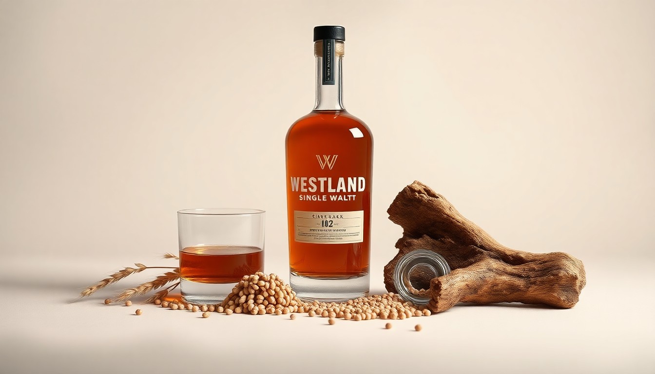 A high-end, photorealistic studio still-life photograph featuring a glass bottle of Westland single malt whiskey, a handful of locally-grown barley grains, and a piece of Garry oak wood, arranged elegantly on a clean, monochromatic background with dramatic studio lighting.