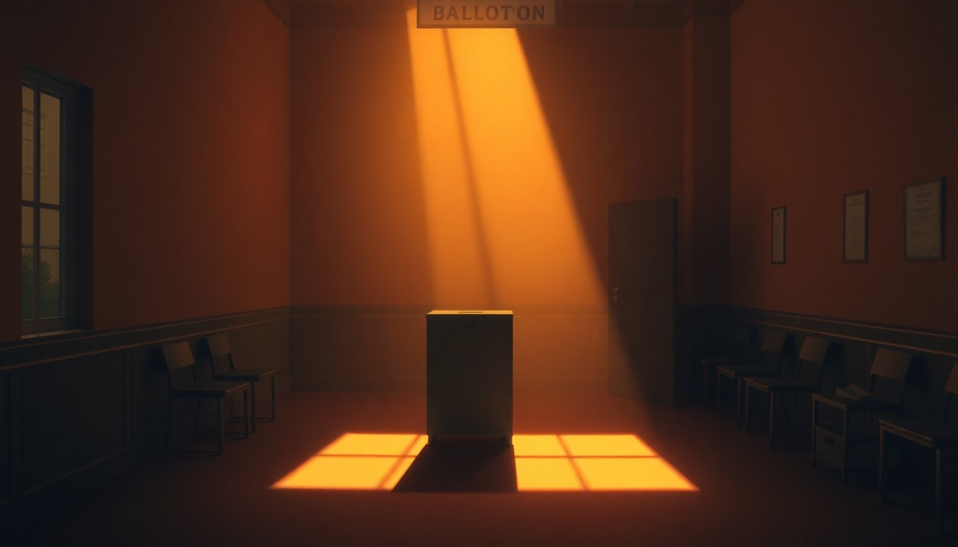 A photorealistic painting of a lone ballot box sitting on a desk in a dimly lit government office, with warm sunlight streaming through a window and deep shadows cast across the scene, conveying a sense of quiet contemplation and the gravity of the electoral process.