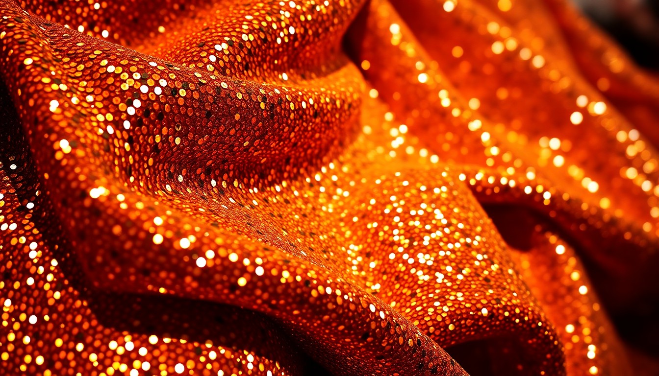 An extreme close-up photograph of glittering sequins, shimmering metallic accents, and plush velvet textures, conceptually representing the luxurious, glamorous atmosphere of a major bachata music concert.