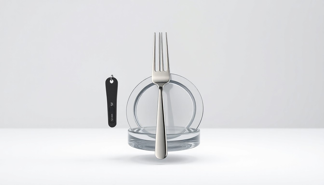 A minimalist studio still life photograph featuring a hotel room key, a restaurant fork, and a bar coaster, symbolizing the hospitality industry's preparations for the upcoming World Cup.